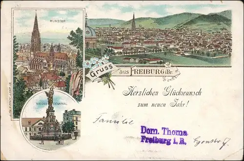Litho AK Freiburg im Breisgau Neujahr Denkmal, Münster, Stadt 1900