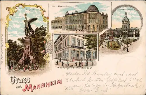 Ansichtskarte Litho AK Mannheim Warenhaus, Denkmal, Paradeplatz 1898