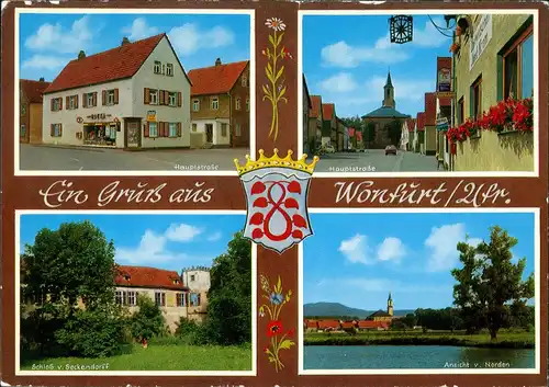 Wonfurt Mehrbildkarte 4 Fotos, ua. Edeka Geschäft, Strassen, Schloss Seckendorff 1982