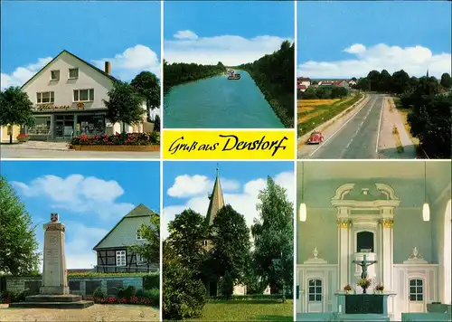 Denstorf Mehrbild-AK Geschäft, Straße mit VW Käfer, Kriegerdenkmal, Kirche, Kanal 1970