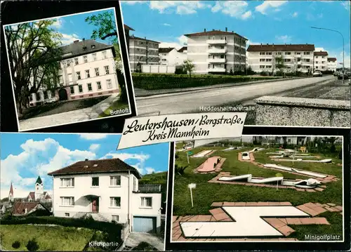 Leutershausen an der Bergstraße Schloß, Heddesheimer-Str. Wohnblock, Kirchpartie, Minigolfplatz 1970