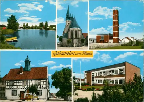 Geinsheim Geinsheim am Rhein, Trebur, Mehrbild-AK Kirche, Schule uvm. 1975   AK gelaufen mit Stempel GEINSHEIM  AK gelaufen mit Stempel GEINSHEIM