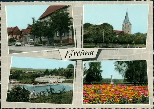 Breuna Mehrbild-AK Breuna Habichtswald Schwimmbad Kirche Straße 1960