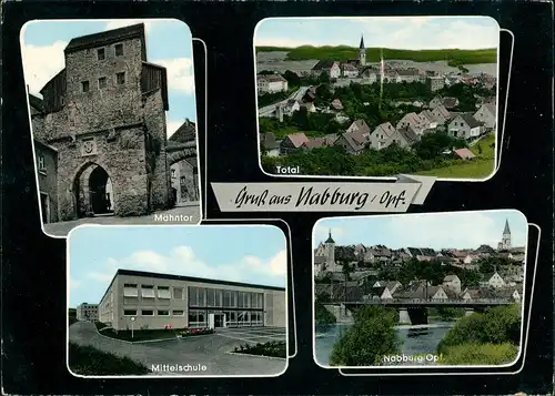 Nabburg Mähntor, Totalansicht, Schule, Fluss Brücken Partie Mehrbildkarte 1975   gelaufen mit Stempel NABBURG  gelaufen mit Stempel NABBURG