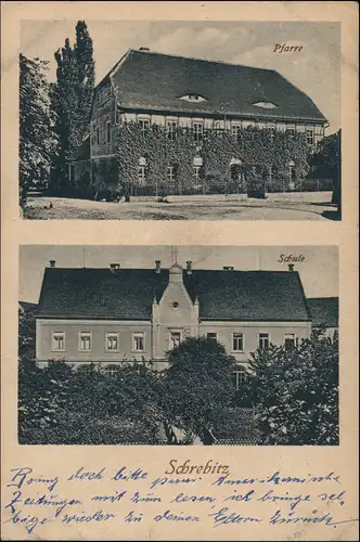 Ansichtskarte Schrebitz-Ostrau (Sachsen) 2 Bild Pfarre und Schloß 1928