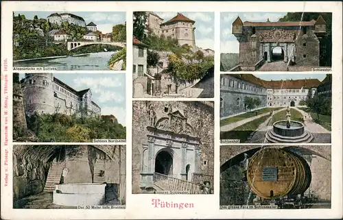Tübingen Mehrbild-AK ua. Brücke, Schloss, Brunnen, Großes Fass uvm. 1907