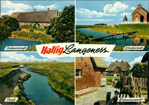 Langeneß Langenæs Mehrbild-AK Priel, Kirchwarft, Tadenswarft, Hunnenswarft 1970