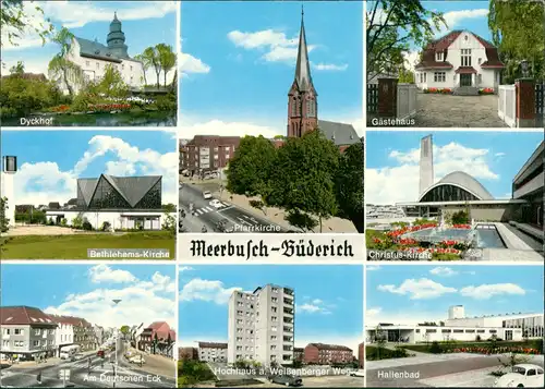 Büderich-Meerbusch Stadtteilansichten Kirche, Hochhaus, Hallenbad, Dyckhof 1970