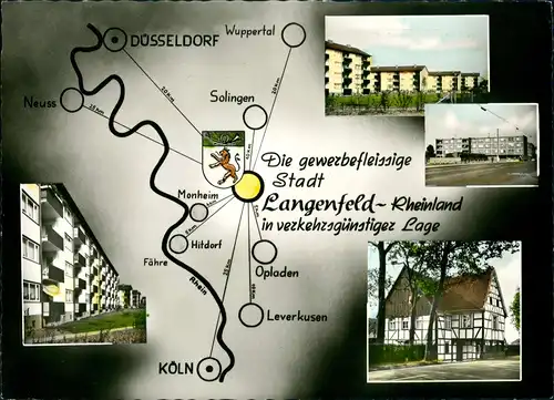 Langenfeld (Rheinland) Umgebungskarte mit Orts-Motiven Langenfeld Rheinland 1970
