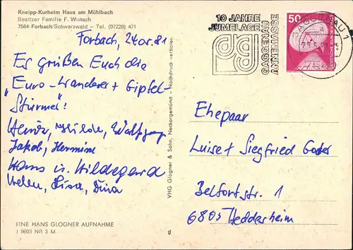 Forbach (Baden Kneipp-Kurheim Haus am Mühlbach Besitzer Familie F. Wunsch 1981