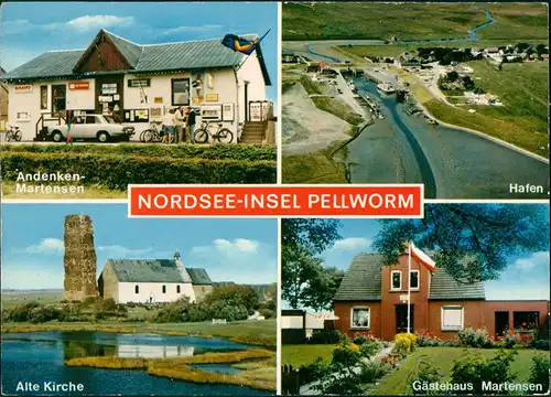 Amt Pellworm Andenken Geschäft Martensen, Hafen Luftbild, Kirche, Gästehaus 1970
