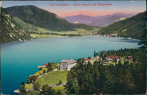 Achensee Hotel Seehof und Scholastika Panorama Alpen Berge See 1910