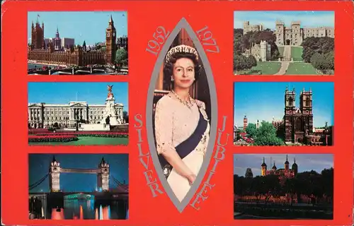 Postcard London Multi-View Pc. Queen, Windsor, Palace, Tower Bridge 1977