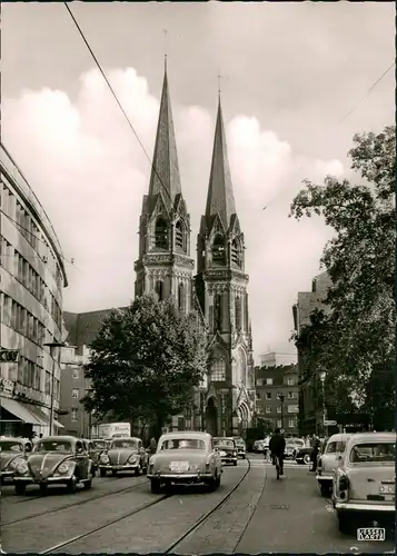 Düsseldorf VW Volkswagen Käfer, Autos vor Marienkirche, Kirche 1960