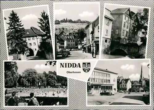 Nidda Mehrbild-AK 5 Echtfoto-Ansichten ua. Sparkasse, Freibad 1960