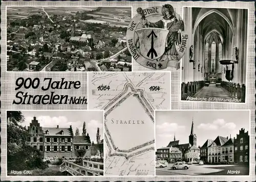 Straelen 900 Jahre Jubiläum Sonderkarte ua. Luftaufnahme, Haus Coul, Markt 1964