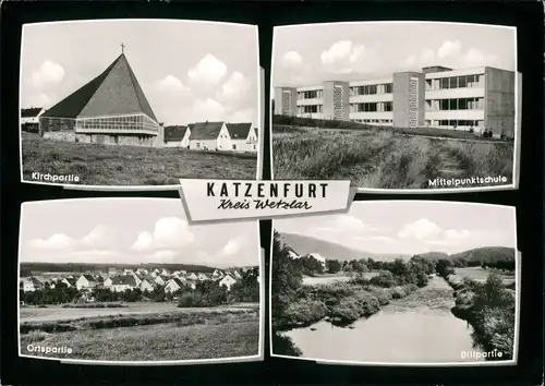 Katzenfurt (Ehringshausen) Mehrbild-AK Kirchpartie, Ortspartie, Dill Fluss 1965