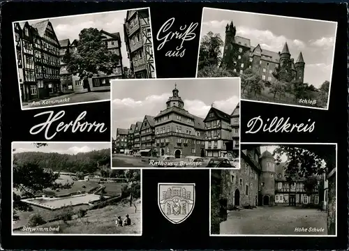 Herborn Mehrbild-AK mit Schwimmbad, Kornmarkt, Schule, Schloss uvm. 1963