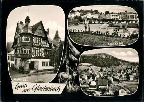 Gladenbach Gruss aus AK mit Hotel Spies, Schwimmbad, Kirchberg 1966