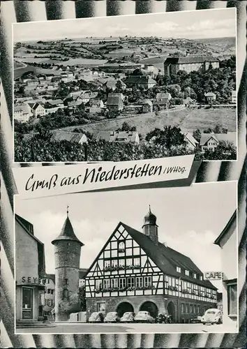 Niederstetten Schimmelturm und Rathaus mit VW Käfer davor, Cafe, Panorama 1960