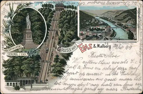 Ansichtskarte Litho AK Bad Ems Malbergbahn, Ems, Kaiser Wilhelm Denkmal 1899