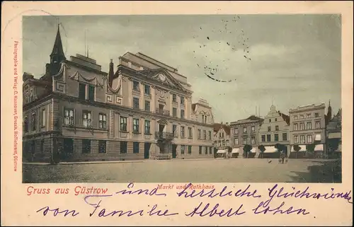 Ansichtskarte Güstrow Marktplatz, Rathaus Geschäfte - coloriert 1899