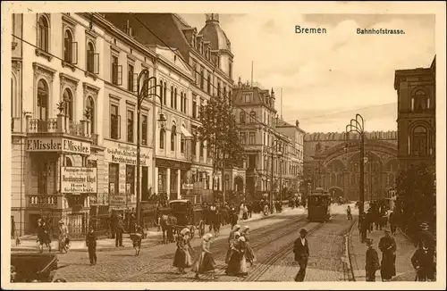 Ansichtskarte Bremen Bahnhofstraße, belebt Straßenbahn Geschäfte 1919