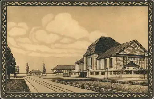 Ansichtskarte Darmstadt Rahmen Künstlerkarte Bahnhof 1914
