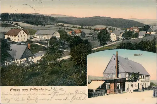 Ansichtskarte Falkenhain (Erzgebirge) Gasthof und Dorfstrasse 1912