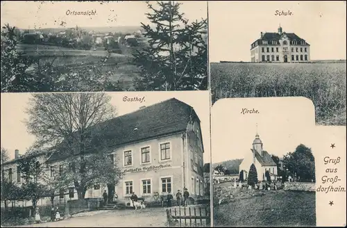 Ansichtskarte Großdorfhain-Tharandt 4 Bild. Gasthaus, Schule. Totale 1917
