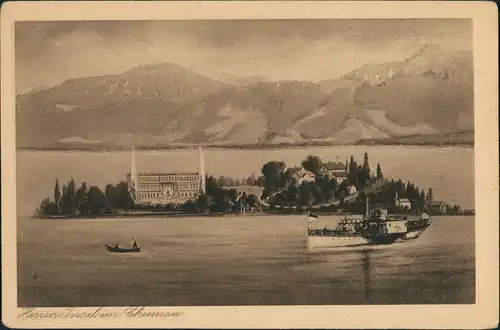 Chiemsee Herrenchiemsee Herreninsel mit Schloss, Chiemsee Schiff, Alpen 1920