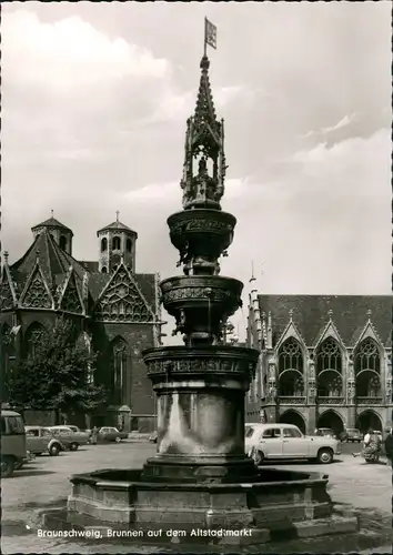 Ansichtskarte Braunschweig Brunnen auf d. Altstadt-Markt, Autos 1960