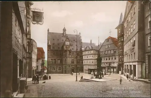 Ansichtskarte Marburg an der Lahn Marktplatz (colorierte Fotokarte) 1928