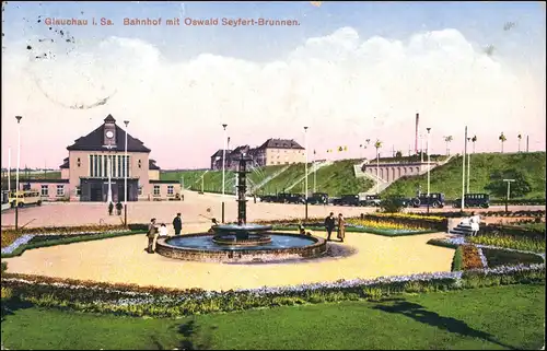 Ansichtskarte Glauchau Bahnhof, Oswald Seyfert Brunnen 1929