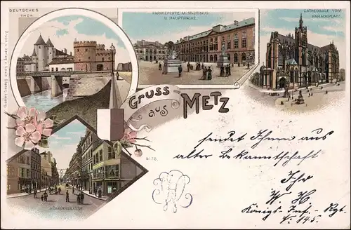 Litho AK Metz Paradeplatz, Deutsches Tor, Römerstrasse Gruss aus.. 1898