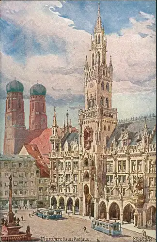 München Rathaus Platz Tram Straßenbahn Künstlerkarte Aquarell-Serie 1920
