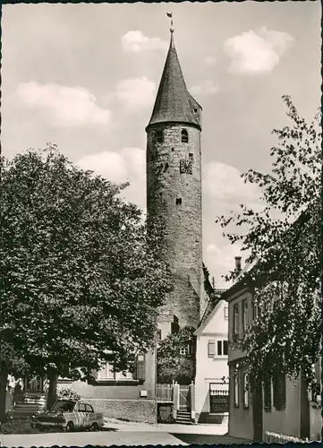 Kirchberg an der Jagst Turm Gebäude, Strassen Partie, parkendes Auto  Baum 1960