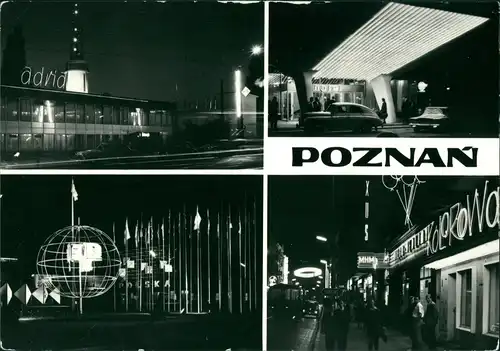 Postcard Posen Poznań Hotel, Ansichten Leuchtreklame 1975