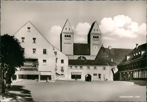 Ansichtskarte Steingaden Dorf Partie mit Geschäft und Kirche 1960