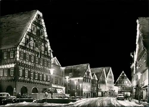 Leonberg Rathaus Marktplatz verschneite Strasse Abend-/Nacht-Aufnahme 1960
