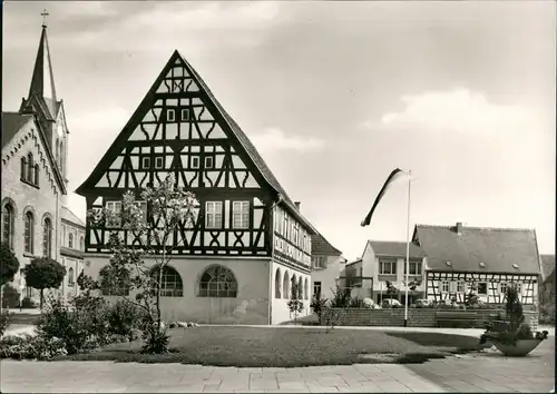 Schifferstadt Strassen Partie mit Rathaus, Kirche, Fachwerk-Häuser 1970