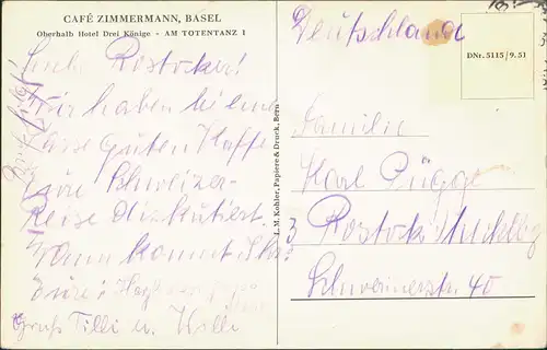 Basel CAFÉ ZIMMERMANN Oberhalb Hotel Drei Könige AM TOTENTANZ 1955