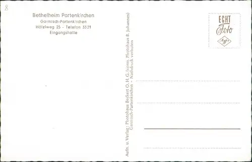 Ansichtskarte Garmisch-Partenkirchen Bethelheim Eingangshalle Hölzlweg 1960