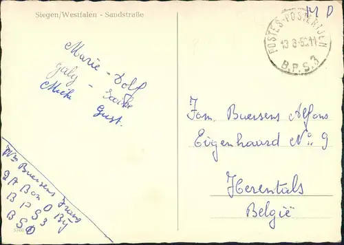 Ansichtskarte Siegen Sandstraße Stempel Besatzung B.P.S. 1950