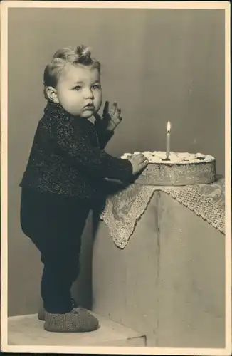 Soziales Leben - Kinder 1 Jahr Geburtstag Torte Mode Kleidung 1954 Privatfoto