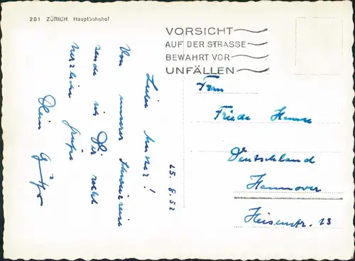 Ansichtskarte Zürich Hauptbahnhof, Straßenbahn - Autos 1952