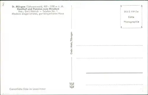 Ansichtskarte St. Märgen Gasthof und Pension zum Hirschen Gaststube 1952