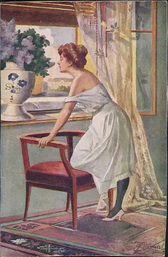 Ansichtskarte  E. Zlamal pinx. Ob er kommt! Gemälde Künstlerkarte 1910