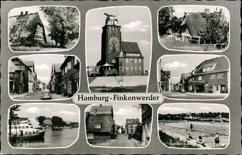 Finkenwerder-Hamburg 8 Ansichten Mehrbild-AK ua. Schwimmbad Straßen Häuser 1965