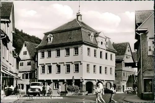 Nagold Rathaus Strassen Partie mit Personen, Lastwagen, Geschäfte 1960